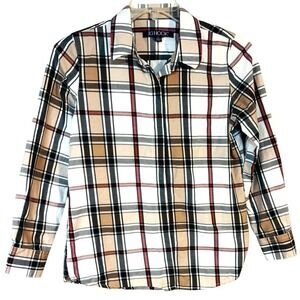 JG Hook Plaid Shirt Black Brown Red Women's Long Sleeve Small Petite Blouse